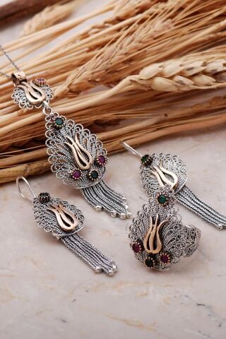 Laleli Püsküllü Telkari Elişi Gümüş Set 2363