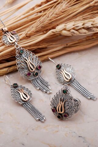 Laleli Püsküllü Telkari Elişi Gümüş Set 2363