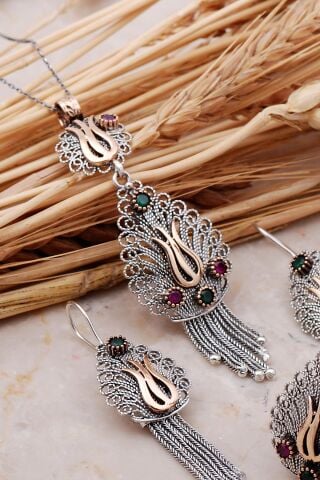 Laleli Püsküllü Telkari Elişi Gümüş Set 2363