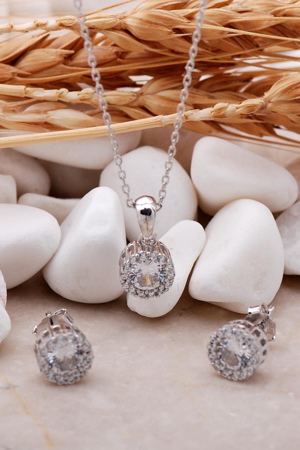 Elmas Montür Rodyumlu Mini Gümüş İkili Set 2364