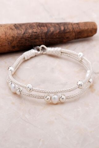 Kazaziye Dorika İnci Taşlı 17 Cm Örgü 1000 Ayar Gümüş Bileklik 3465