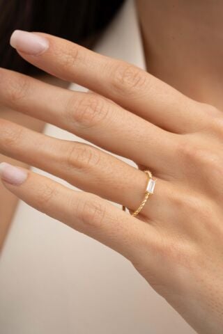 Baget Taşlı Altın Kaplama Gümüş İnce Yüzük 5966