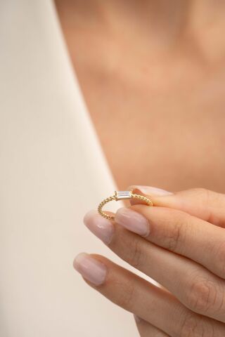 Baget Taşlı Altın Kaplama Gümüş İnce Yüzük 5966