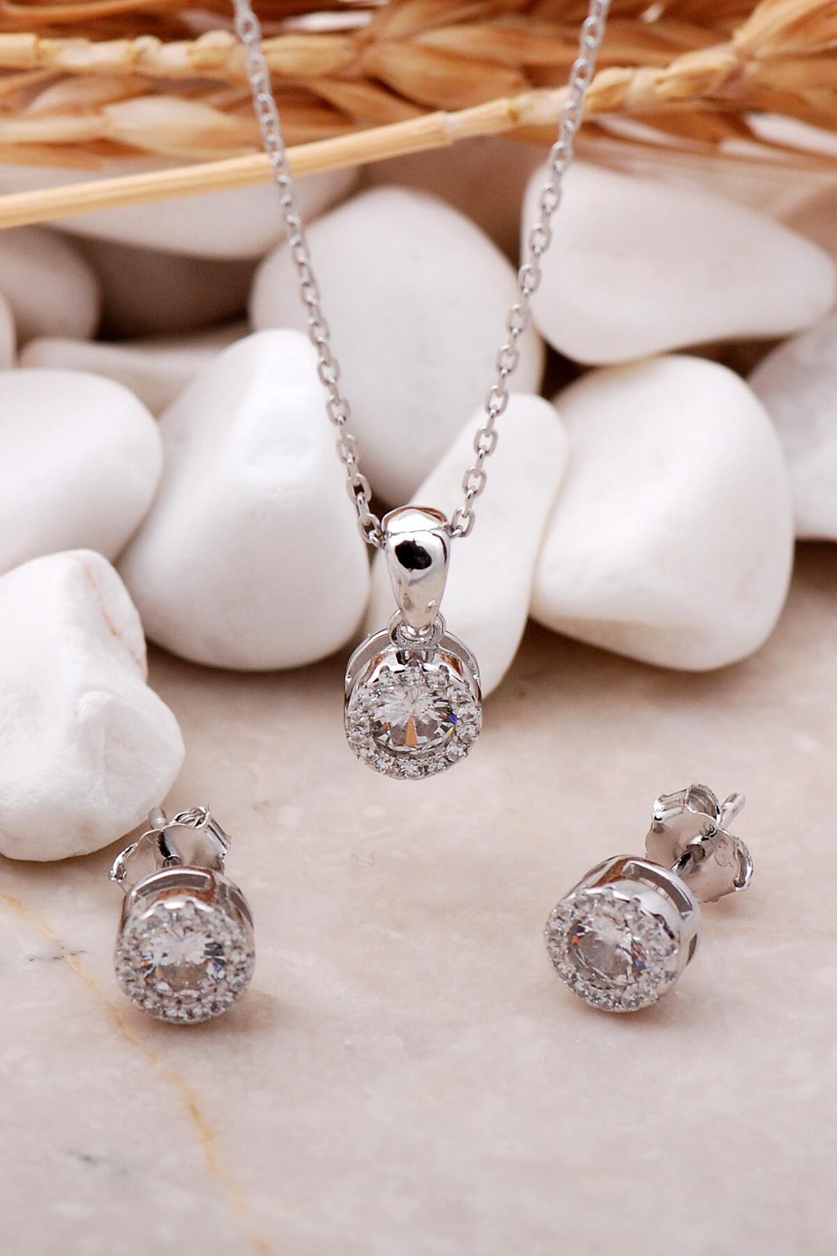 Elmas Montür Rodyumlu Mini Gümüş İkili Set 2365