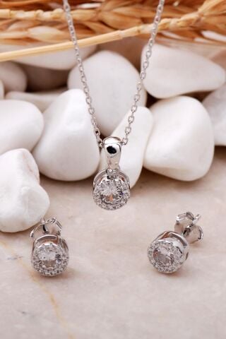 Elmas Montür Rodyumlu Mini Gümüş İkili Set 2365