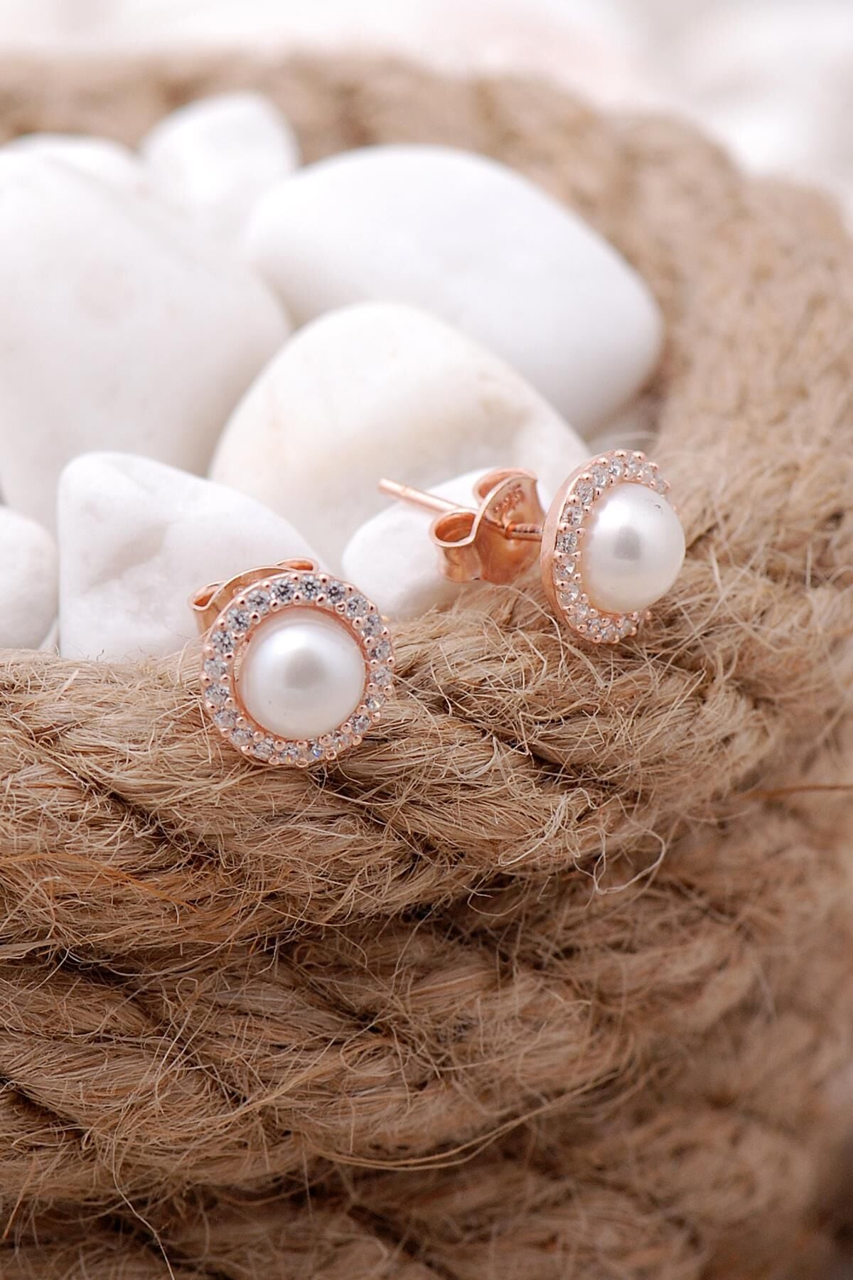 İnci Taşlı Rose Gümüş Trend Küpe 5752