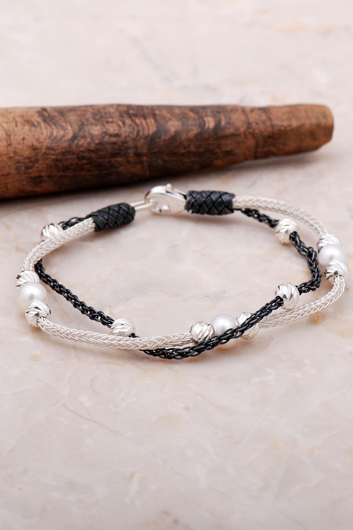 Kazaziye Dorissa İnci Taşlı Örgü Gümüş Bileklik 3466