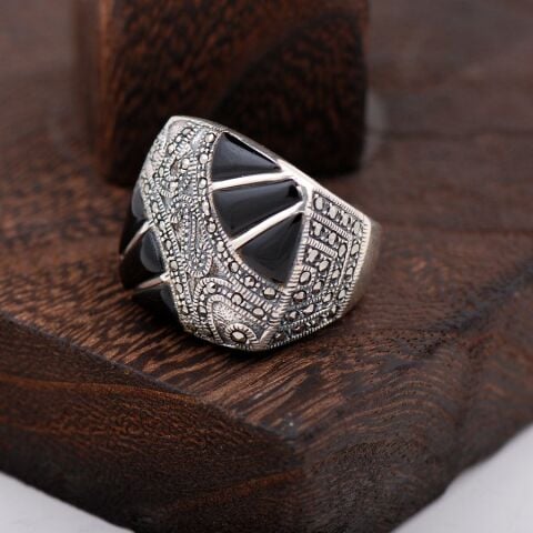 Onix Ve Markazit Taşlı Tasarım Gümüş Yüzük 2409