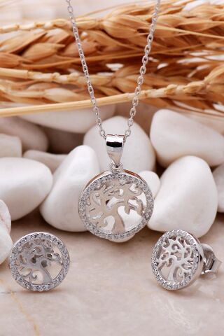 Hayat Ağacı Rodyumlu Mini İkili Gümüş Set 2367