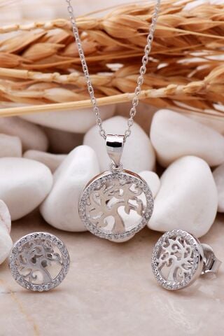 Hayat Ağacı Rodyumlu Mini İkili Gümüş Set 2367