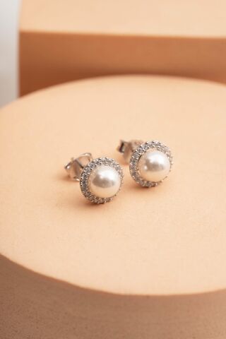 İnci Taşlı Rodyumlu Gümüş Trend Küpe 5754