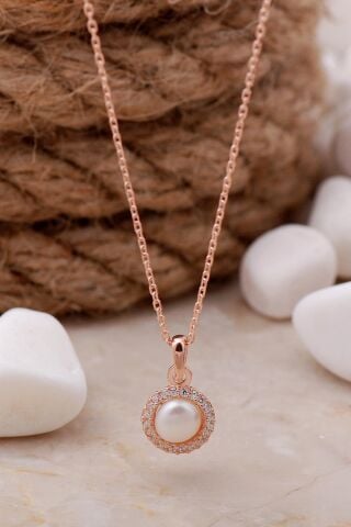 İnci Taşlı Rose Gümüş Trend Kolye 7632