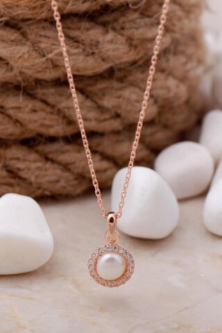 İnci Taşlı Rose Gümüş Trend Kolye 7632