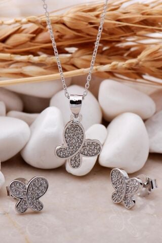 Kelebek Rodyumlu Mini Gümüş İkili Set 2368