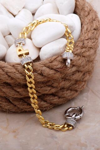 P Harfli Gurmet Altın Yaldızlı Gümüş Bileklik 4081