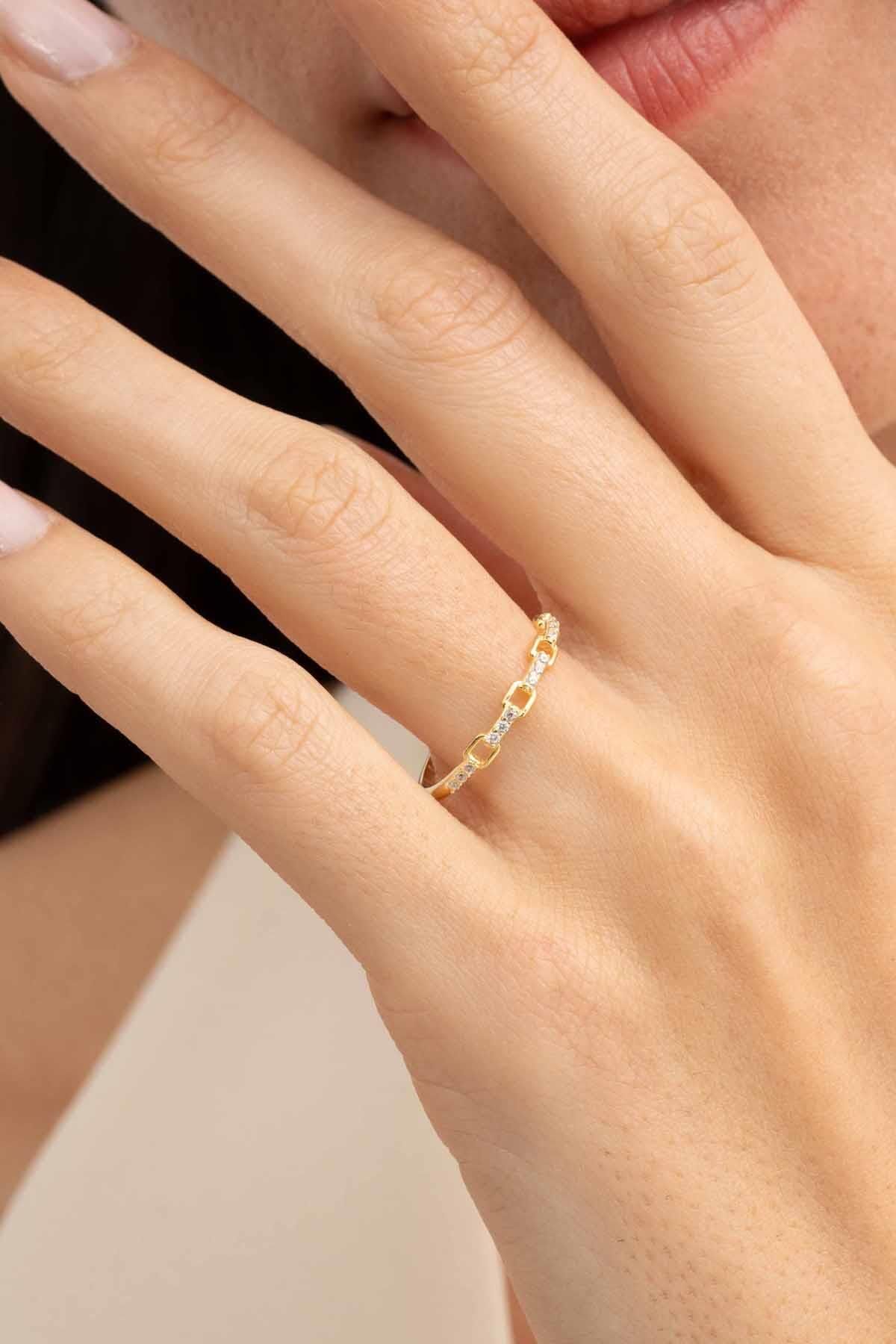 Taşlı Zincir Altın Kaplama Gümüş İnce Yüzük 5969