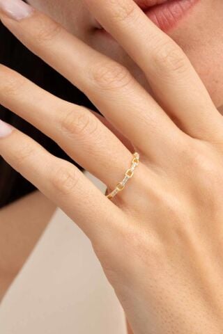 Taşlı Zincir Altın Kaplama Gümüş İnce Yüzük 5969