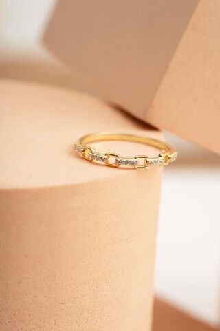 Taşlı Zincir Altın Kaplama Gümüş İnce Yüzük 5969