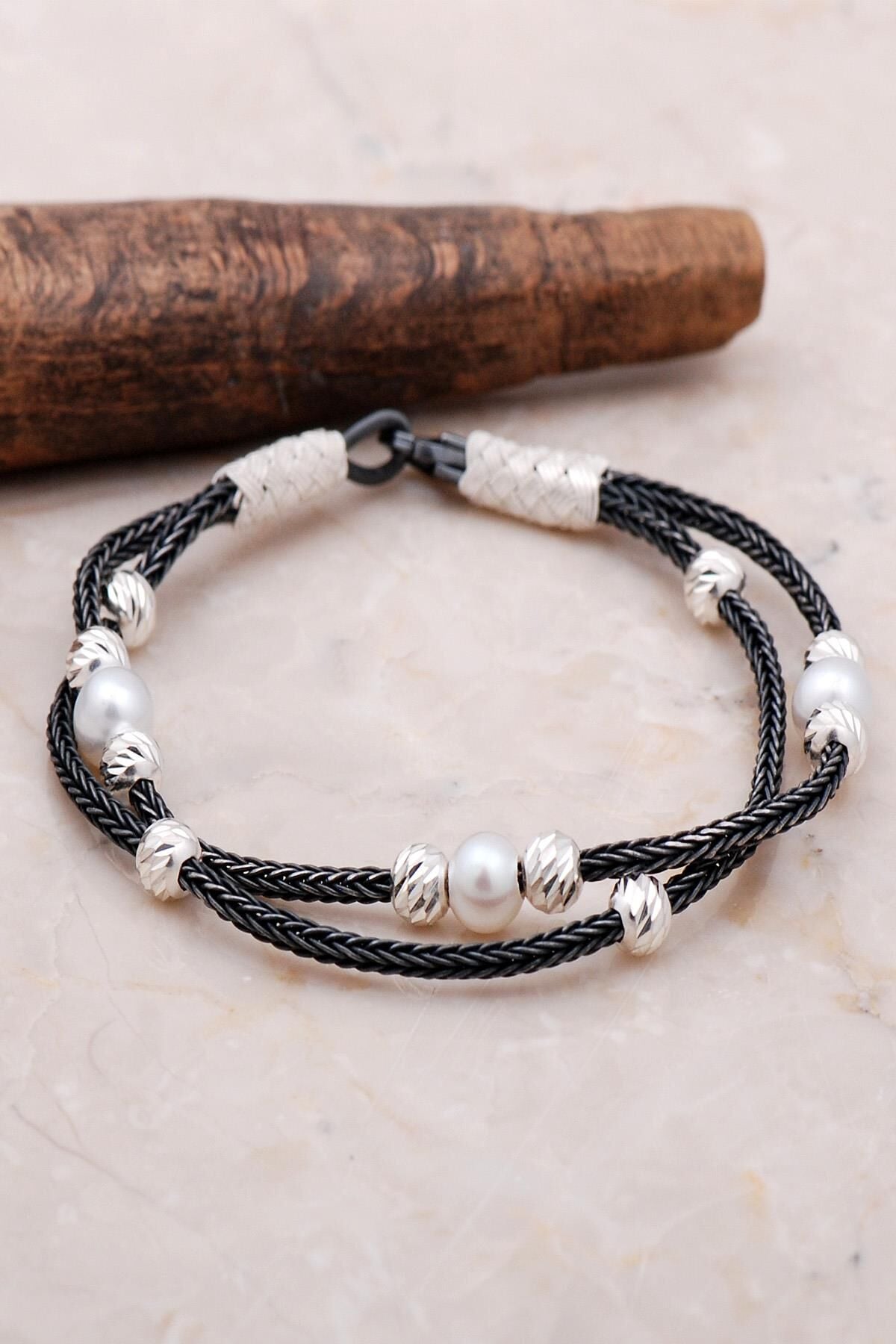 Kazaziye Dorika İnci Taşlı 1000 Ayar Gümüş Örgü Bileklik 3469