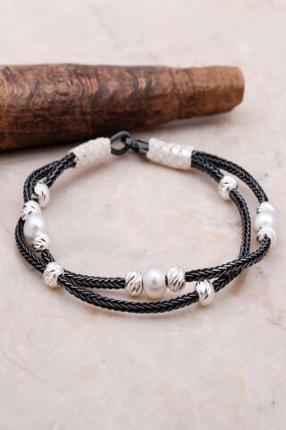 Kazaziye Dorika İnci Taşlı 1000 Ayar Gümüş Örgü Bileklik 3469