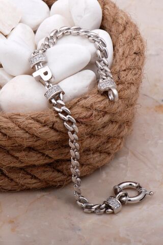 P Harfli Gurmet Rodyumlu Gümüş Bileklik 4082