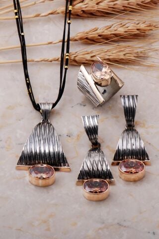 Topaz Taşlı Çekiç Dövme El Yapımı Gümüş Set 1774