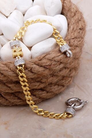 R Harfli Gurmet Altın Yaldızlı Gümüş Bileklik 4084