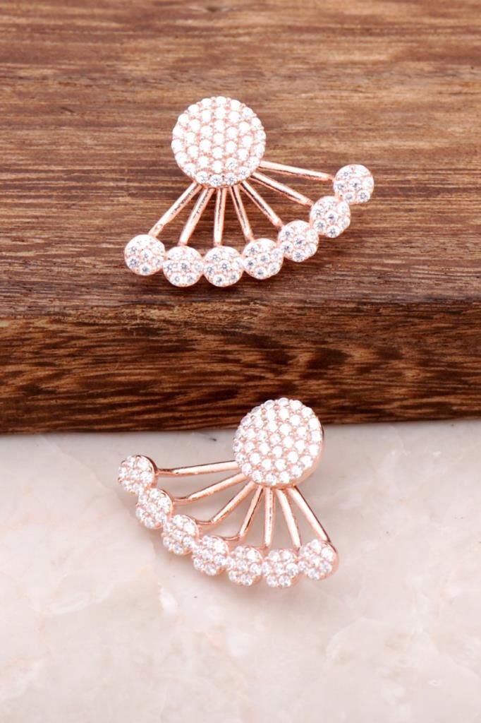 Zirkon Taşlı Yelpaze Tasarımlı Rose Gümüş Küpe 1427