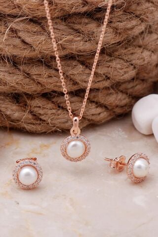 İnci Taşlı Rose Gümüş Trend İkili Set 2487