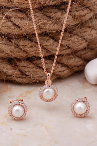 İnci Taşlı Rose Gümüş Trend İkili Set 2487