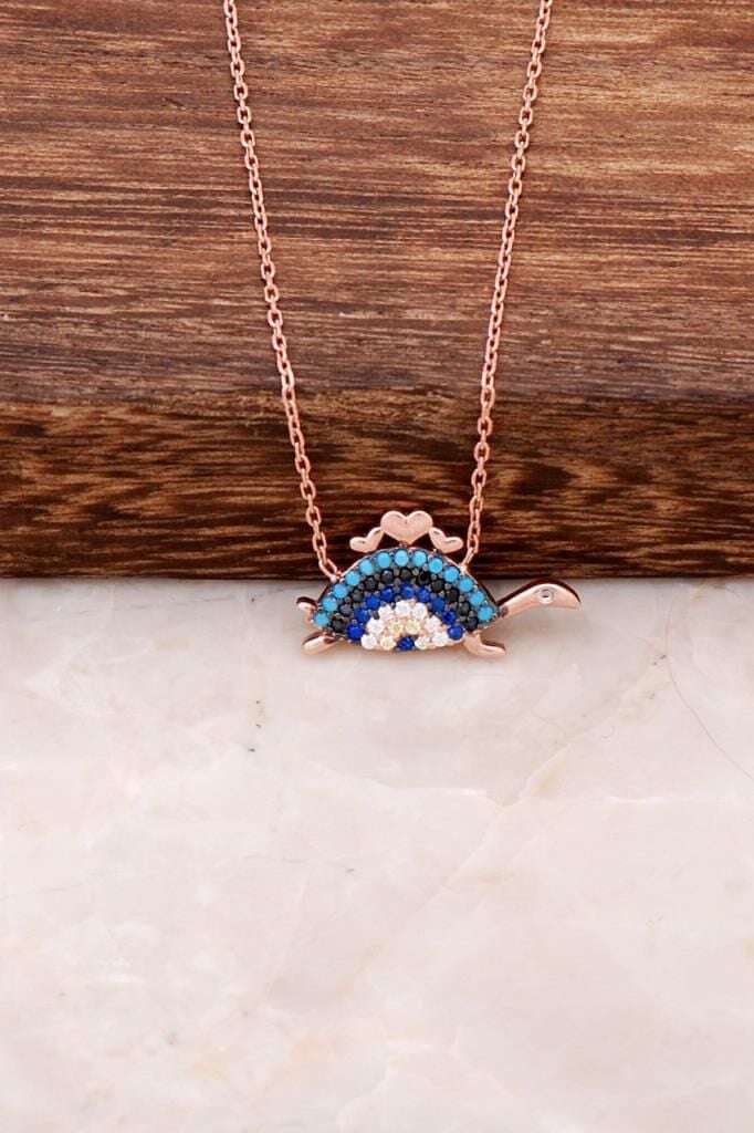 Kaplumbağa Tasarımlı Ros Gümüş Göz Kolye 2352