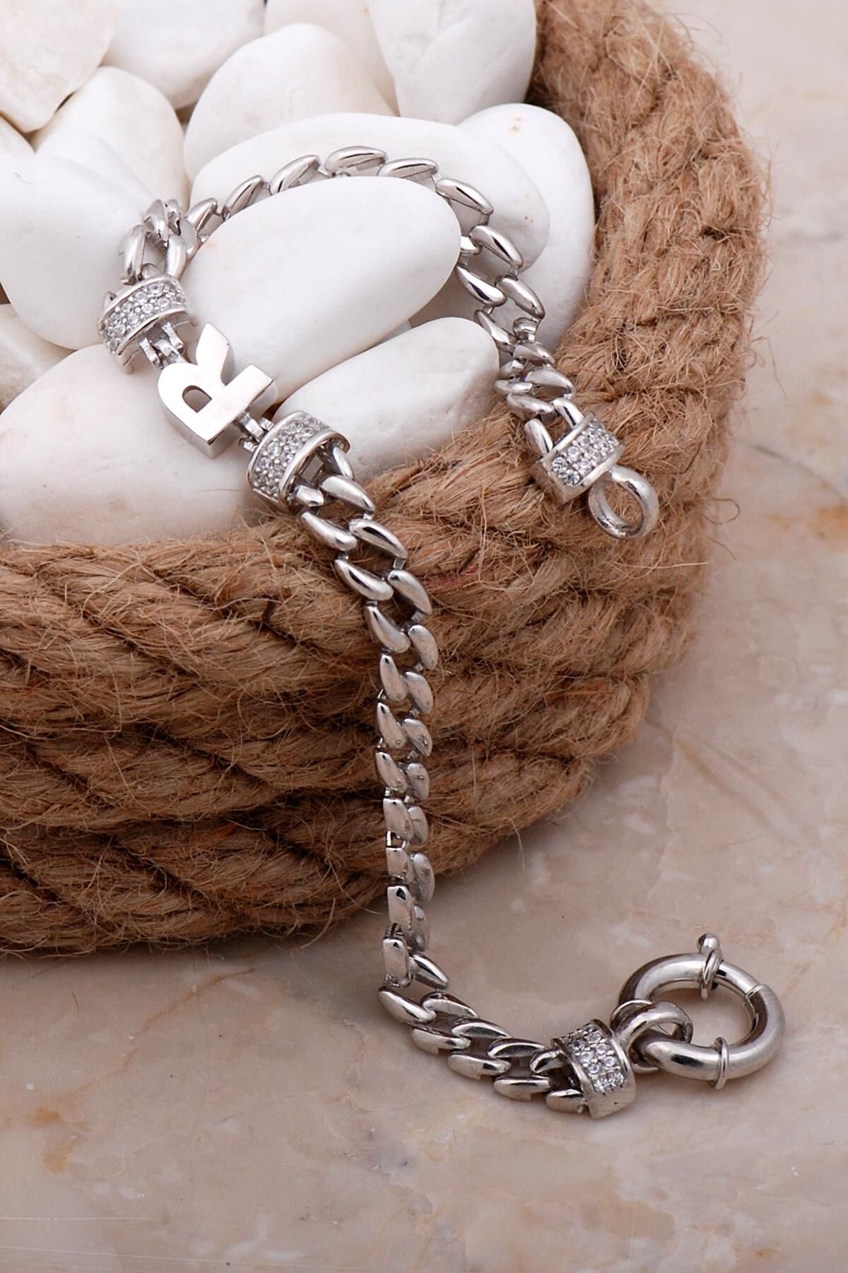 R Harfli Gurmet Rodyumlu Gümüş Bileklik 4085