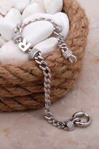 R Harfli Gurmet Rodyumlu Gümüş Bileklik 4085