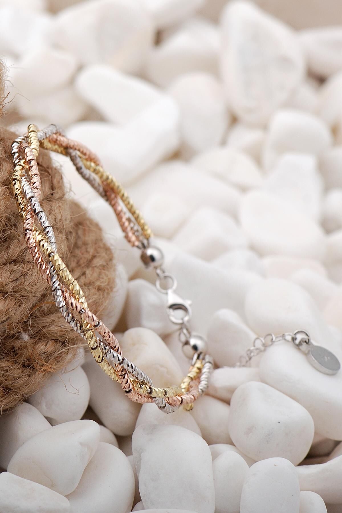 Dorika Rodyumlu Rose Altın Yaldızlı Örgü 925 Ayar Gümüş Bilezik 07