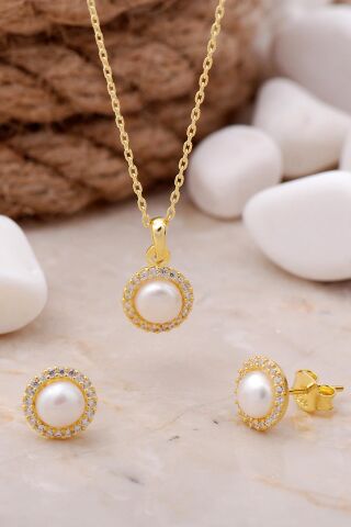 İnci Taşlı Altın Yaldızlı Gümüş Trend İkili Set 2488