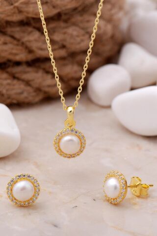 İnci Taşlı Altın Yaldızlı Gümüş Trend İkili Set 2488