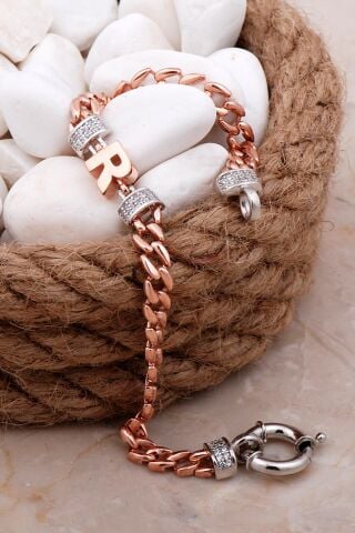 R Harfli Gurmet Rose Gümüş Bileklik 4086