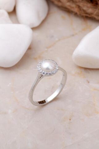 İnci Taşlı Rodyumlu Gümüş Trend Yüzük 3479