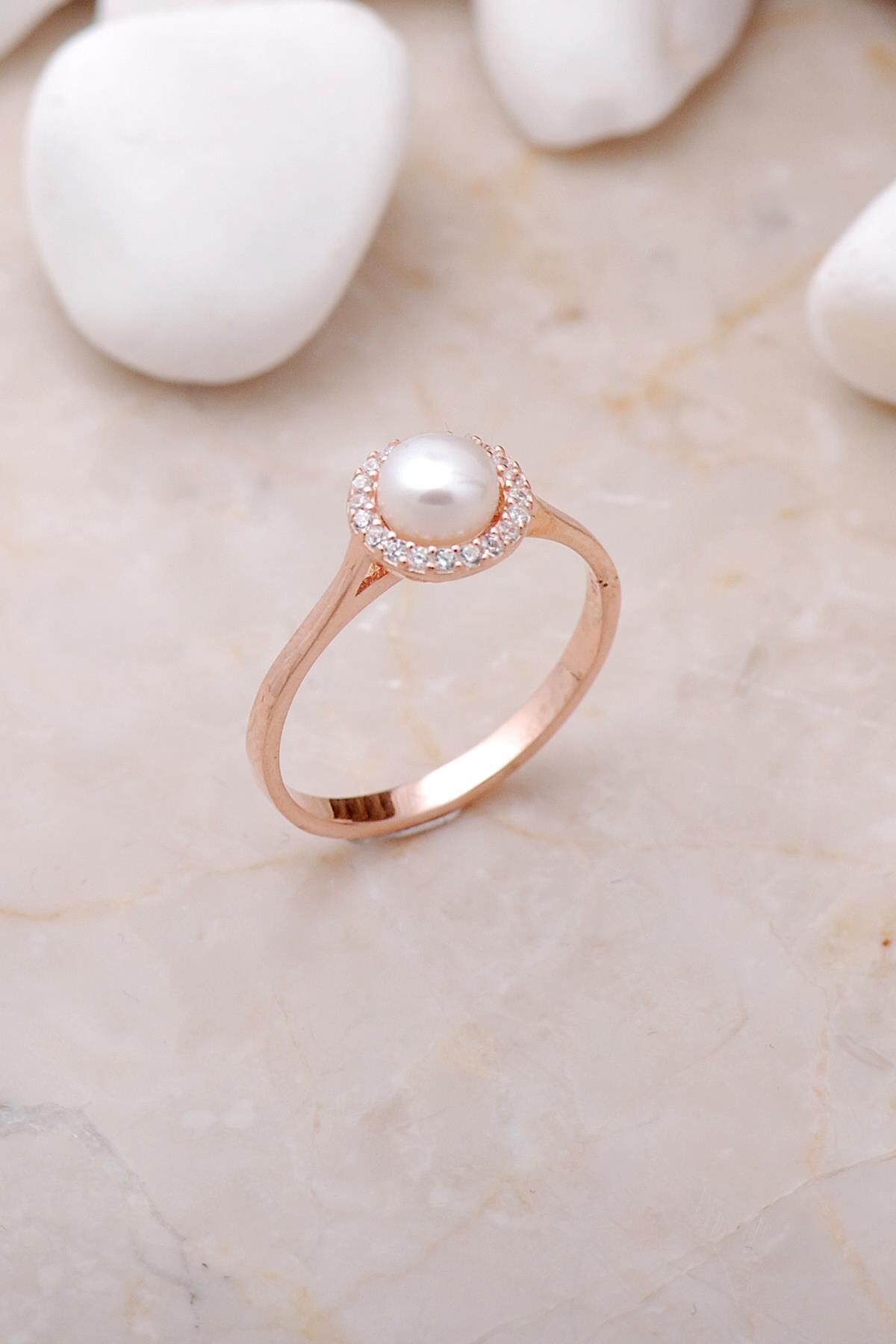 İnci Taşlı Rose Gümüş Trend Yüzük 3480