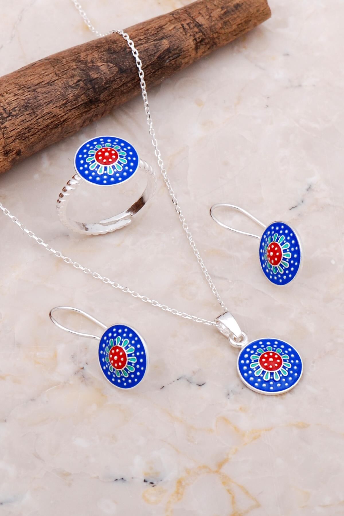 Anadolu Motifli Mineli Elişi Gümüş Set 2650