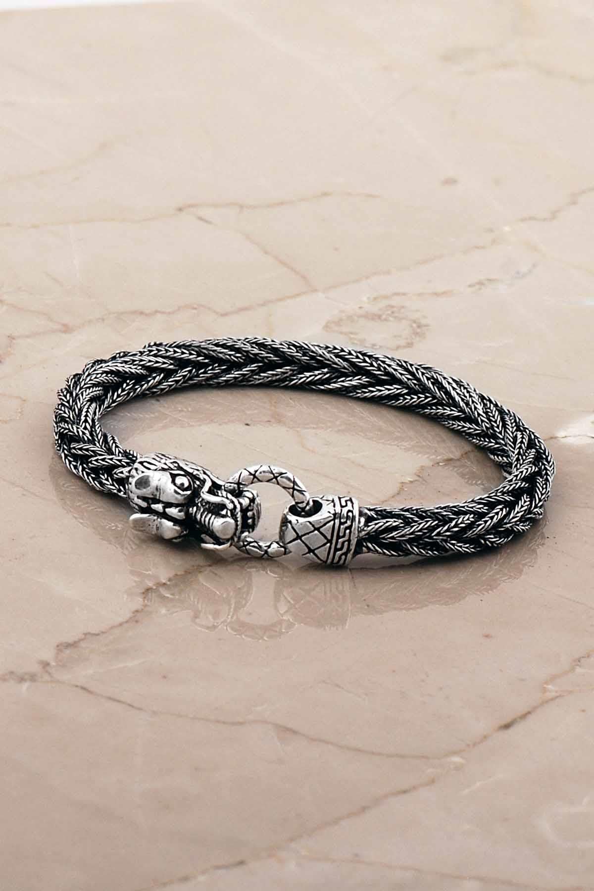 Ejderha Başlı Hasır Örgü Elişi 20 Cm Gümüş Erkek Bileklik 4768