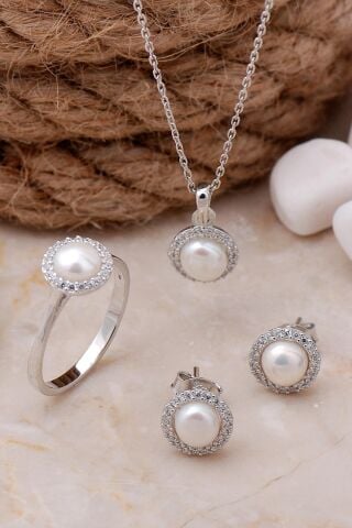 İnci Taşlı Rodyumlu Gümüş Trend Üçlü Set 2489