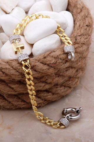 T Harfli Gurmet Altın Yaldızlı Gümüş Bileklik 4090