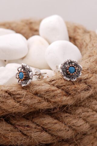 Turkuaz Taşlı Telkari Elişi Gül Gümüş Küpe 5576