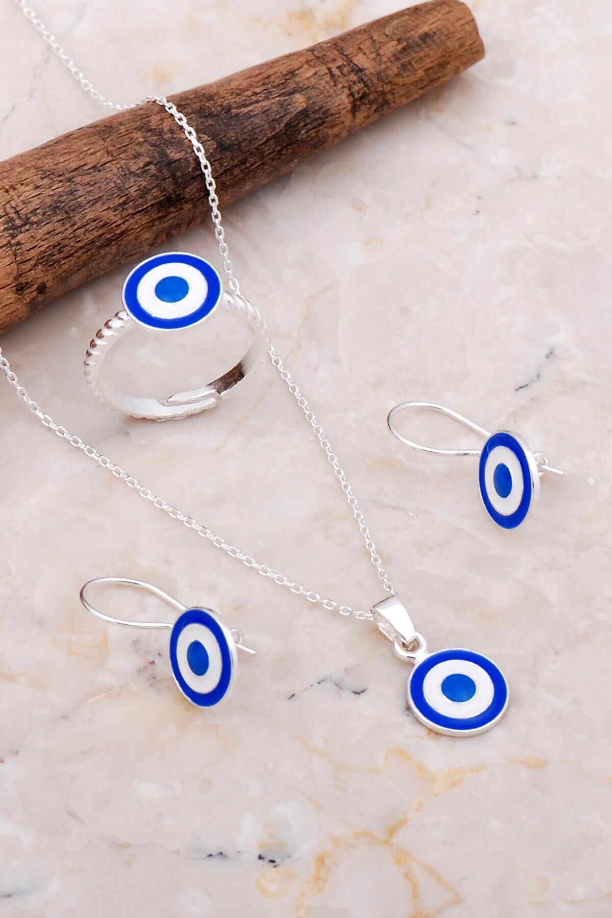 Anadolu Motifli Mineli Elişi Nazar Boncuklu Gümüş Set 2652