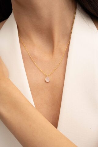 Doğal Pembe Kuvars Taşlı Damla Mini Altın Yaldızlı Gümüş Kolye 7750