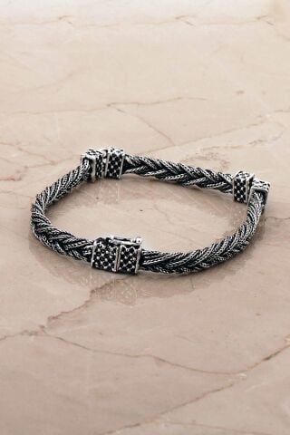 Hasır Örgü Elişi 21 Cm Gümüş Erkek Bileklik 4770