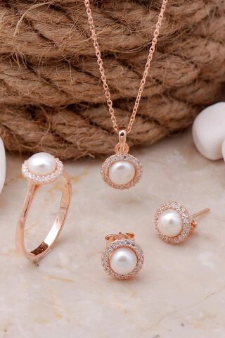 İnci Taşlı Rose Gümüş Trend Üçlü Set 2490