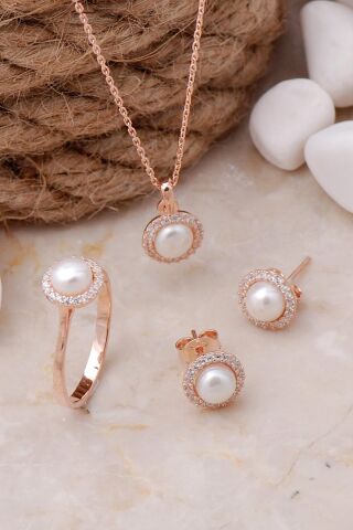 İnci Taşlı Rose Gümüş Trend Üçlü Set 2490