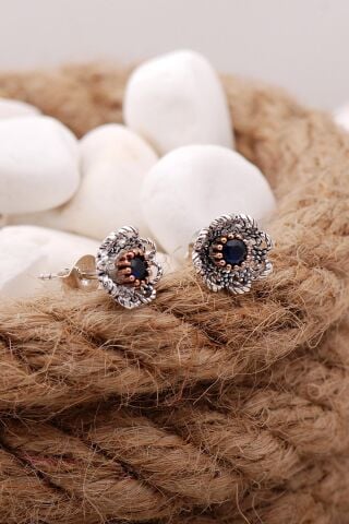 Safir Taşlı Telkari Elişi Gül Gümüş Küpe 5577